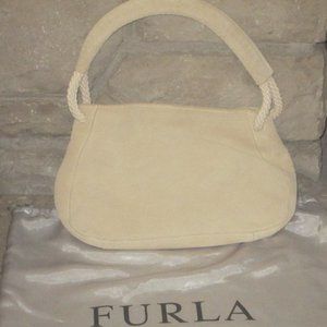 Y2K Furla Italy Ivory Suede & Rope Slouch Purse Handbag w Dust Bag